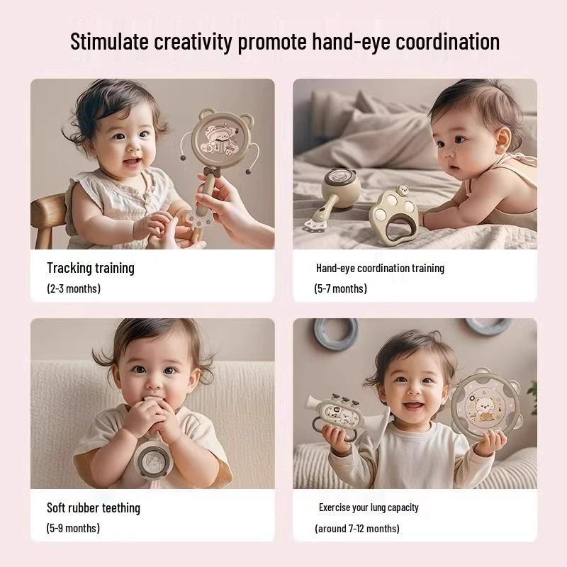 Newborn Baby Four-in-One Musical Rattle Set - Enhances Visual & Auditory Development, Includes Hand Pat Drum