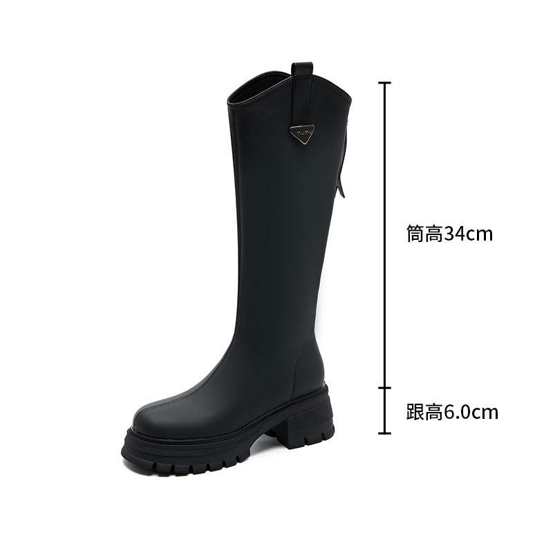 Versatile Leather Knight Boots Thick Sole Thick Heel But Knee Mid Boots Retro Fashion Thin Boots Slim Fashion Boots