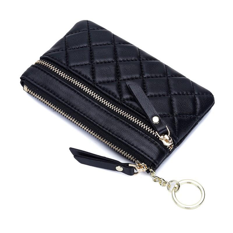 

Sheepskin Style Diamond-check Zipper Change Purse Women s Fashionable Short Multi-card ID Bag Genuine Leather Coin 9x14x1cm чорний