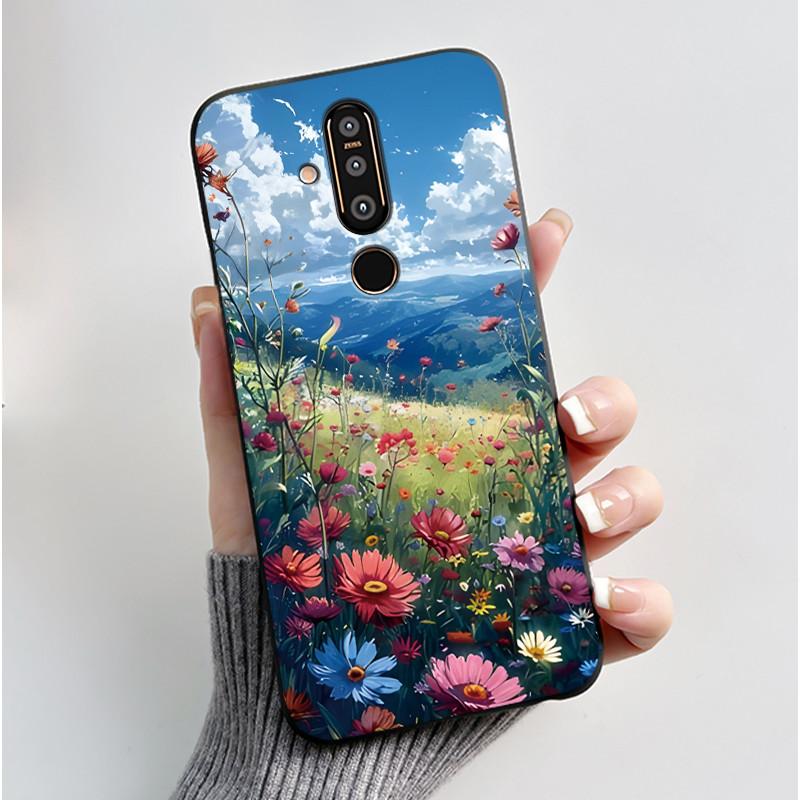 Case For Nokia 8.1 Plus/Nokia X71 Phone Casing Vast Grasslands With Beautiful WildFlowers Pattern Soft Black Anti-Scratch Case