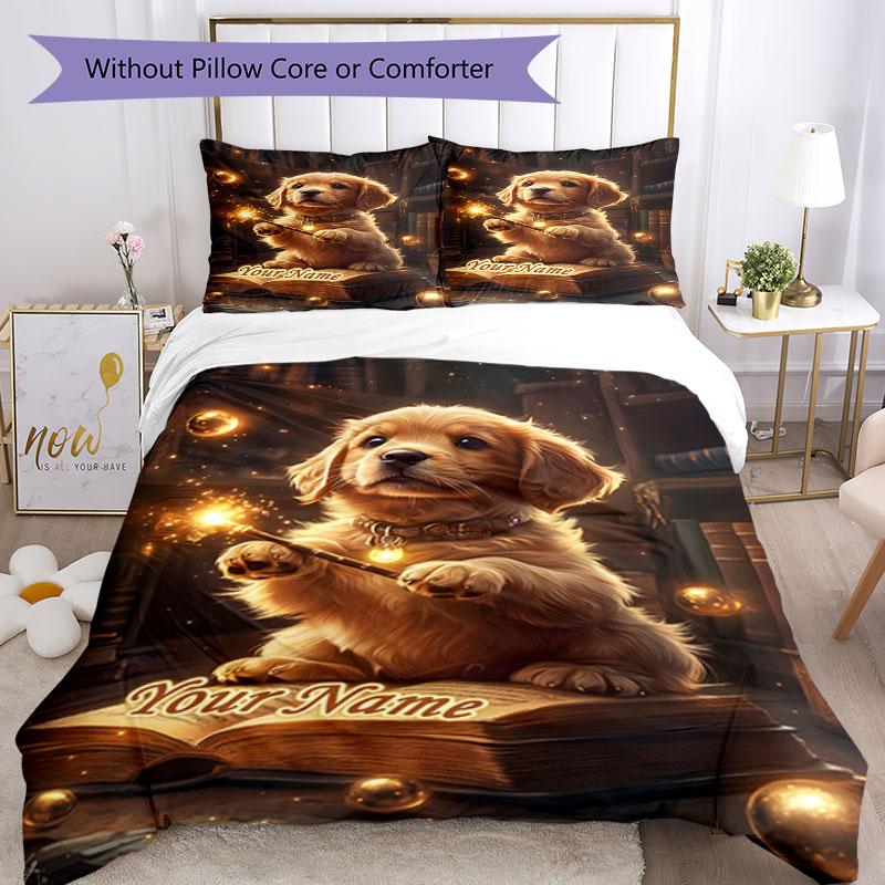 3PC Custom Name Magical Puppy Adventure Bedding Set Duvet Cover Closure Includes 1 Duvet Cover & 2 Pillowcases for Bedroom