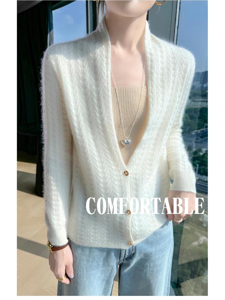 Women's High-End Slim Fit Wool Cardigan Sweater with Scarf Collar