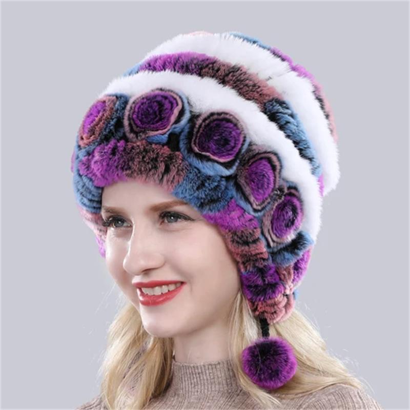Hot Sale Winter Women Flowers Striped Natural Real Rex Rabbit Fur Hats Lady Warm Knit Genuine Fur Caps