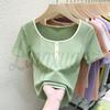 Women's Short-Sleeve Square Neck Spliced T-Shirt - Versatile Korean Style Summer Top