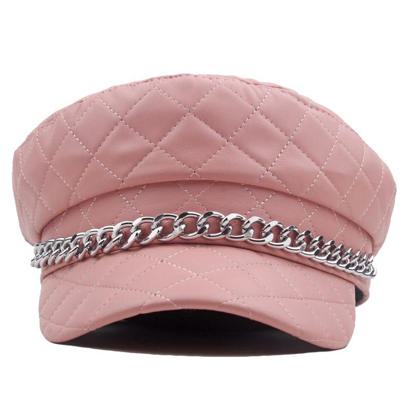 Leather Painted Hat Women's Chain Flat Top Army Hat Autumn Winter Warm Cap