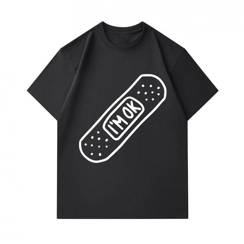 Men's 100% Cotton Crew Neck Short Sleeve T-Shirt, Casual I'm OK Bandage Printed Soft Breathable Lightweight Tee, Comfortable Daily Wear Summer Top for