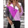 Women Zipper Collar V Neck Tops Casual Color Block Sweatshirt Long Sleeve Autumn T Shirt for Female