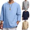 Spring Autumn Summer Blue Khaki Men's Sleeve Loose Solid Casual Large Pullover Shirt Soft Cotton Linen