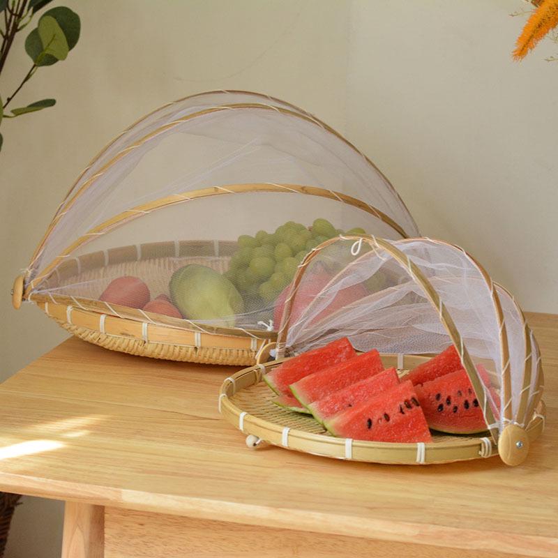 Bamboo Weaving Steamed Bun Drying Basket with Mosquito-Proof Cover