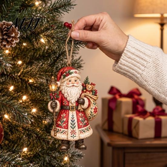 Festive Home Decor Accents Folk Art 2D Ornament, Acrylic Christmas Hanging Decoration, Retro Nutcracker Window Ornaments Angel Santa Rocking