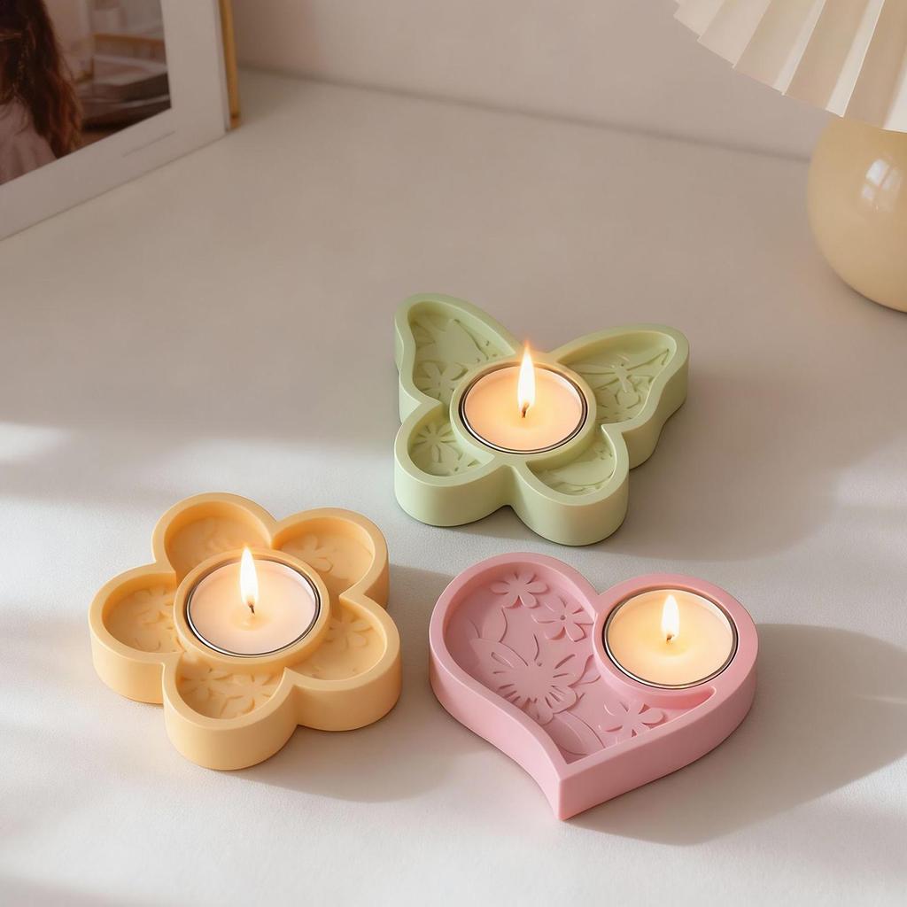 3 Stück Schmetterling Blume Herzform Silikonform Kerzenständer Epoxidharz Formen Frühling Dekoration Handgefertigte Kerzenhalterform