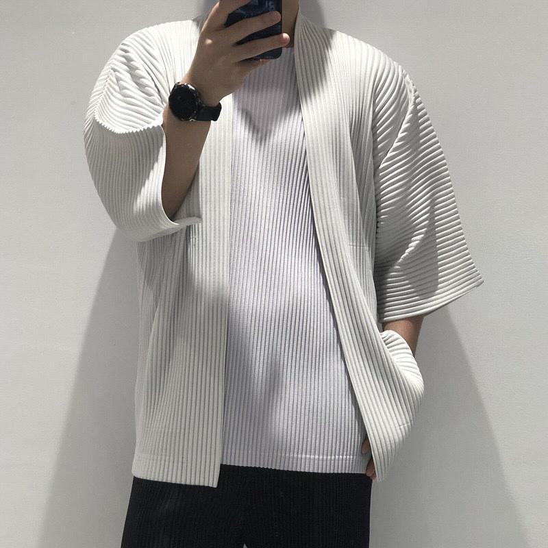 Men’s Loose Fit Pleated Five-Sleeve Jacket, Spring-Autumn, Plus Size, Japanese Style Dōha