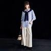 Wudao 100% Cotton Intellectual Style Knit Shawl & Striped Shirt Set
