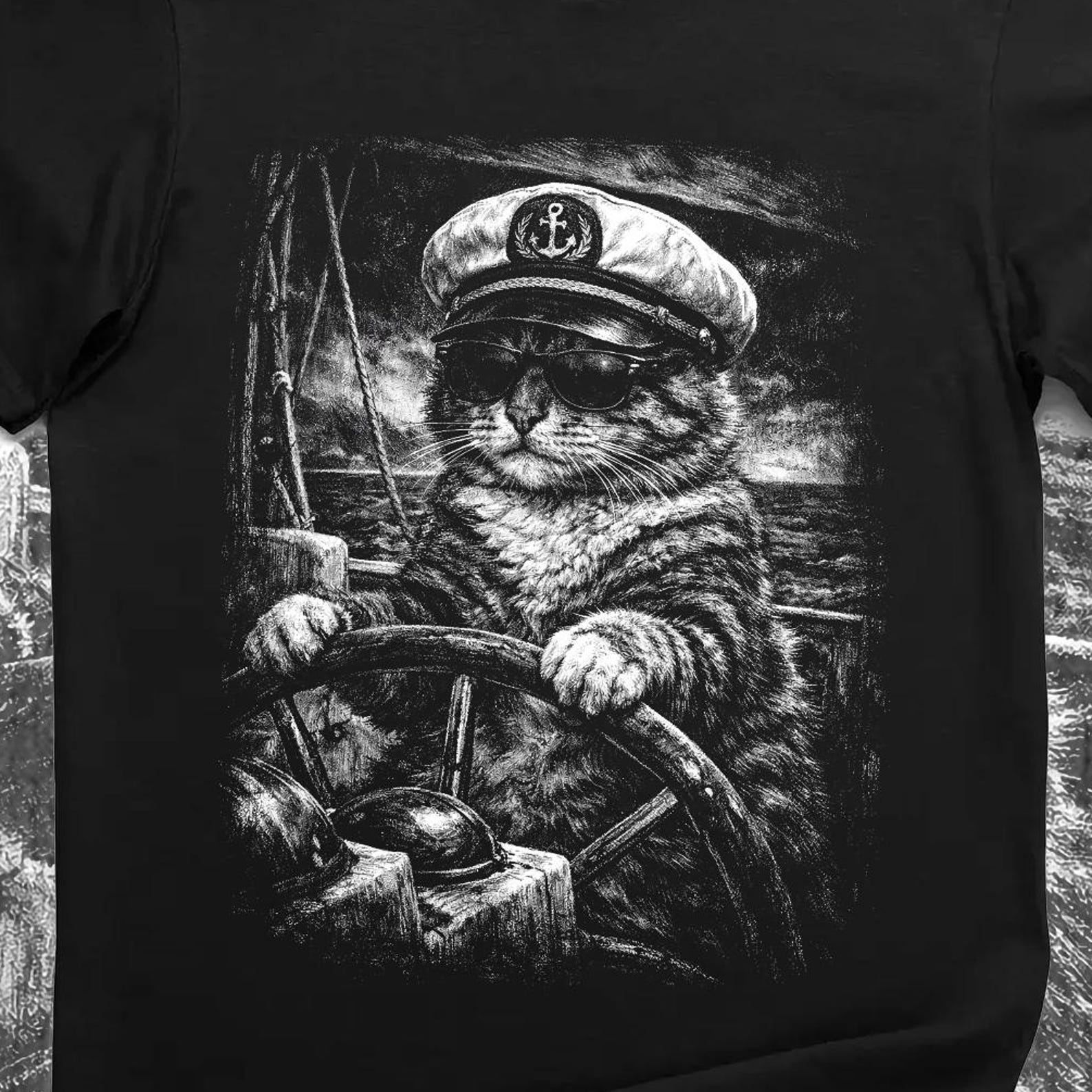 Nautical Sailor Cat Captain Shirt Vintage Maritime Ocean Sailing Graphic Tee S
