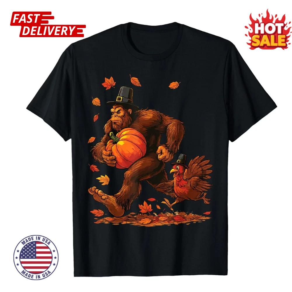 SALE Funny Bigfoot Pilgrim Turkey Pumpkin Thanksgiving Unisex T shirt,Unisex Tee 3XL