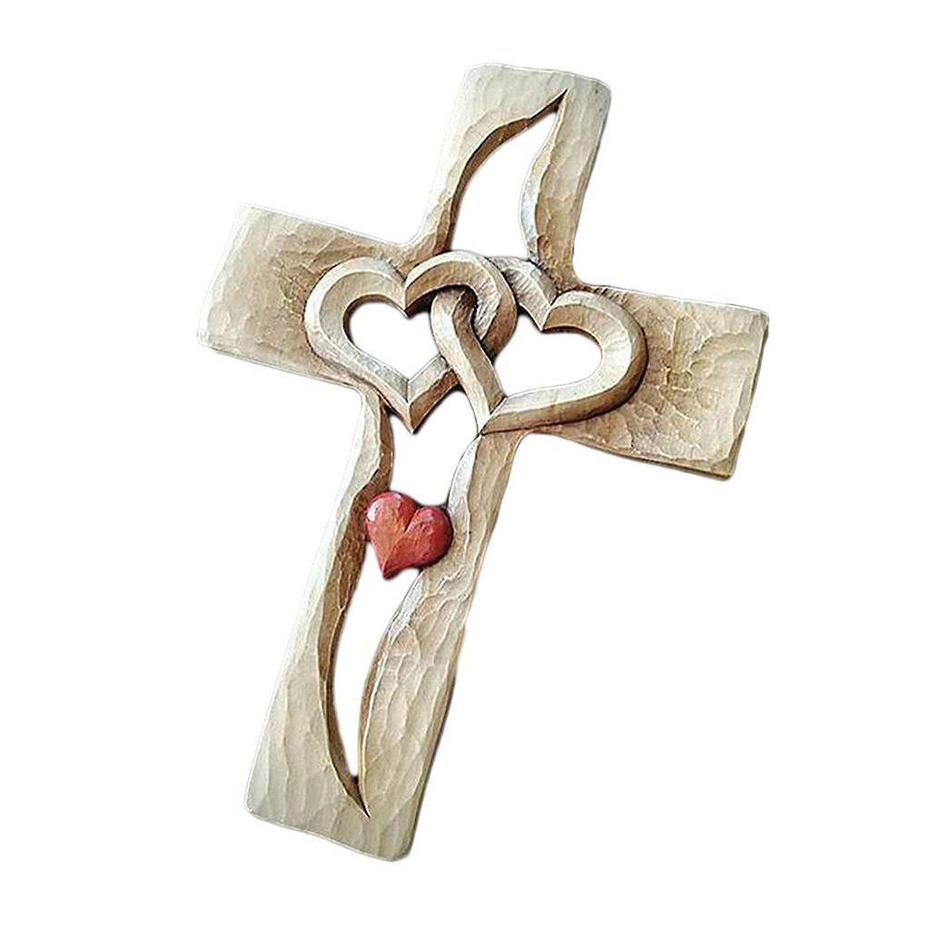 Carved Wooden Cross with Hollow Intertwined Hearts Hanging Love Couple Family Wall Decor New less