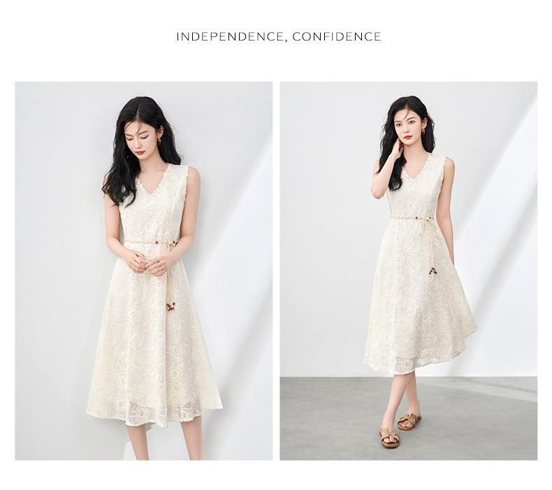 Nanyou Elegant Handmade Shell V-neck Embroidered Sleeveless Dress - Summer Vacation Style