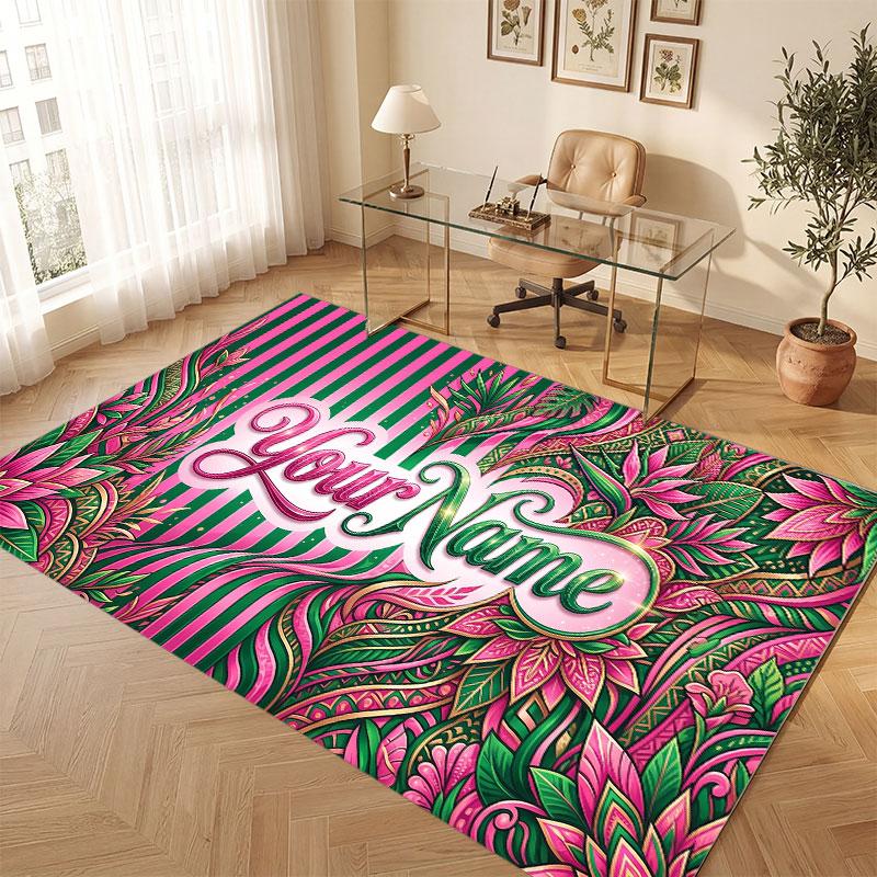 Floral Garden Theme Crystal Velvet Floor Rug Personalized Custom Name Text Warm Carpet Home Decoration