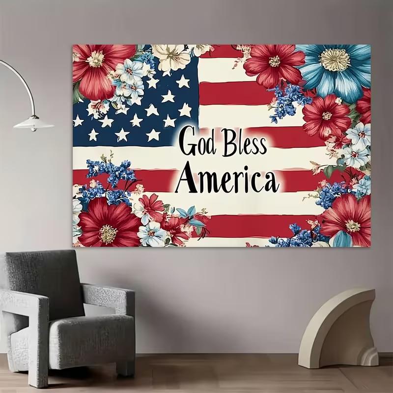 2D Red White Blue Floral Flag Backdrop God Bless America Patriotic Party Background