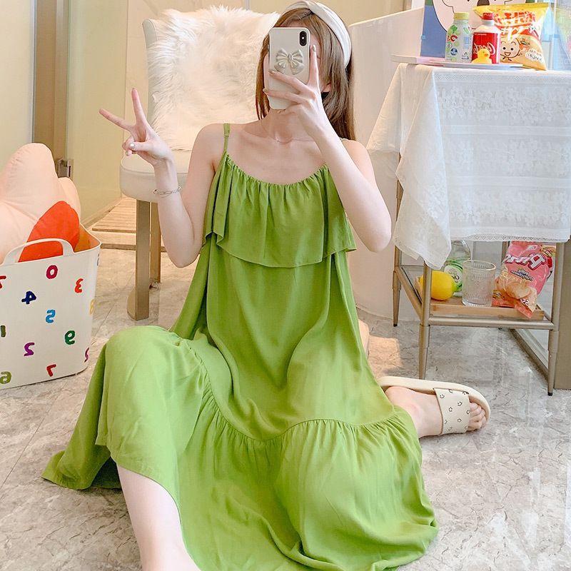 Women's Summer Anti-Bump Cotton Silk Camisole Nightgown, Knee-Length, Loose Plus Size, Anti-Exposure Homewear.