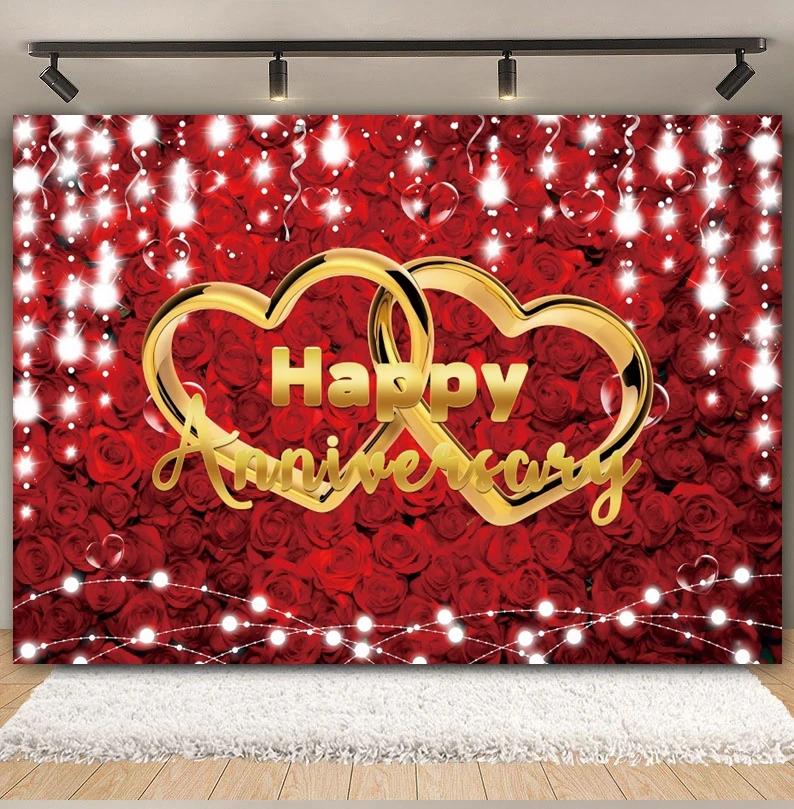 Happy Anniversary Backdrop Gold Balloon Glitter Love Heart Flower Birthday Party Bridal Shower Wedding Photography Background