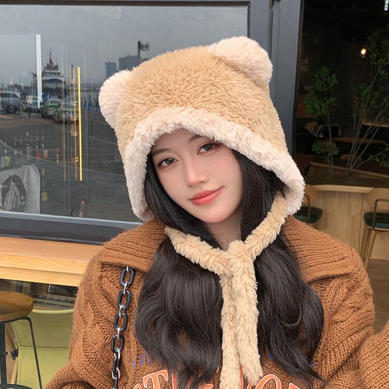 

Plush cute rabbit ears hat female face small ear protector pullover hat winter cold warm knitted hat