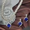 2Pcs/Set Imitation Pearl Jewelry Set Retro French Style Blue Waterdrop Faux Gem Charm Necklace Earrings Set
