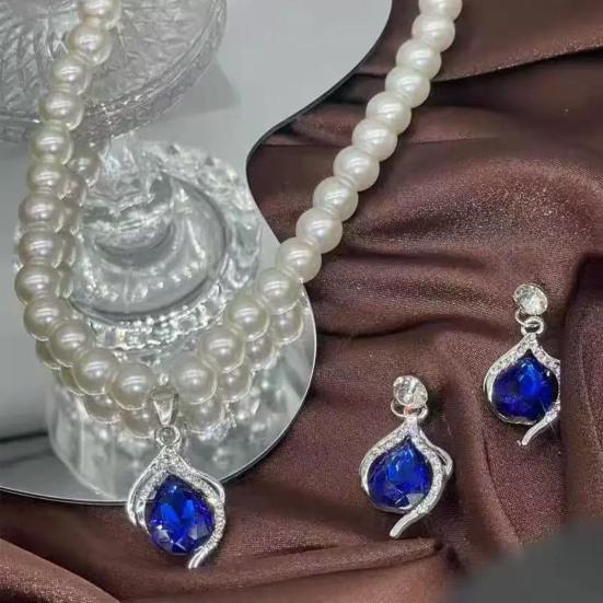 2Pcs/Set Imitation Pearl Jewelry Set Retro French Style Blue Waterdrop Faux Gem Charm Necklace Earrings Set