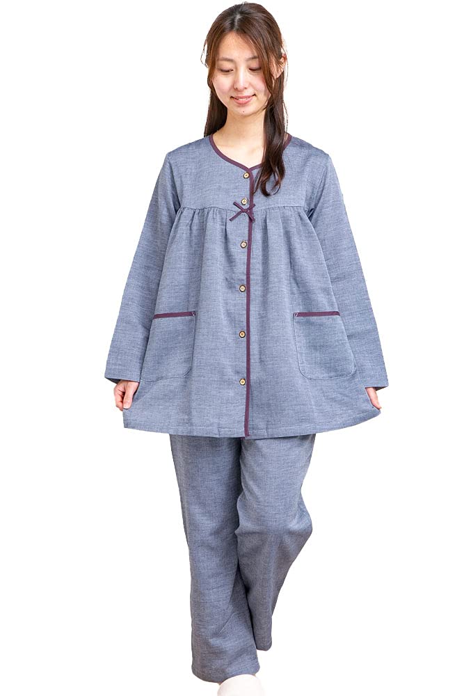 

Eye Cotton Double Gauze Long Sizes K s Women s 100% Open-Front Pajamas, Sleeve, S/M/L/LL/3L (33033) (L, Navy)