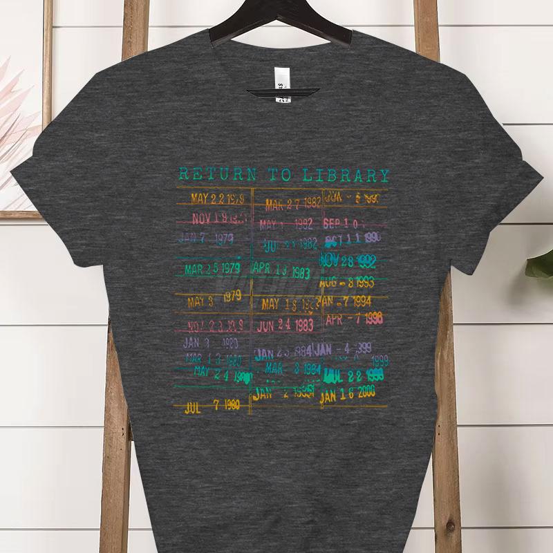 Library Book Classic Tops Vintage Book Due Date Bookish Rainbow Reading TShirt Return To The Library Graphic Womens Clothing