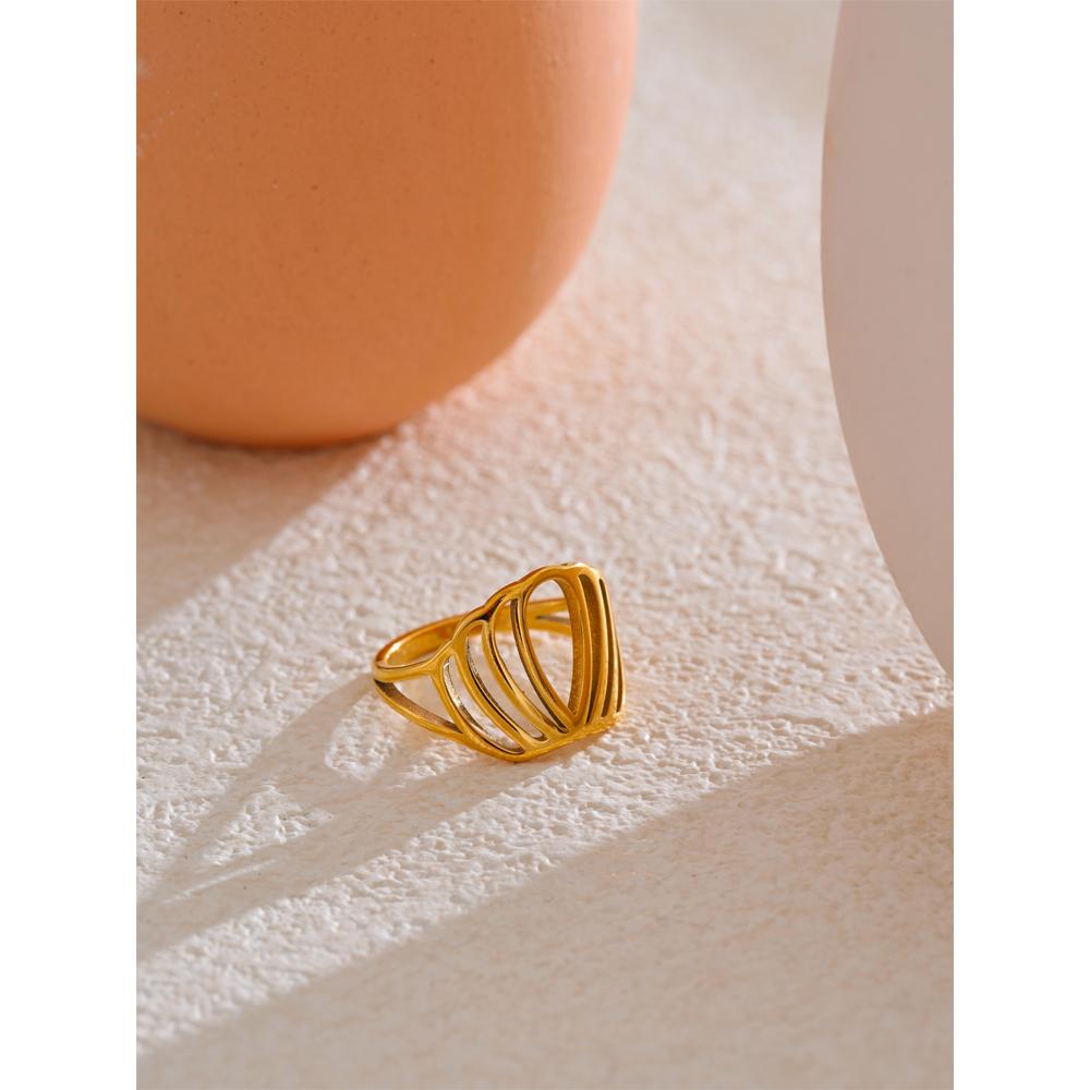 Yhpup Stylish Unique Metal Hollow Geometric Golden Crown Ring Water Resistant Stainless Steel Simple Jewelry 18K PVD Plated