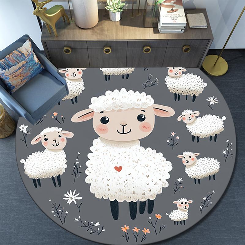 Cute Sheep Round Area Rug,Carpet Rug for Living Room Bedroom Sofa Playroom Decor,Non-slip Floor Mat