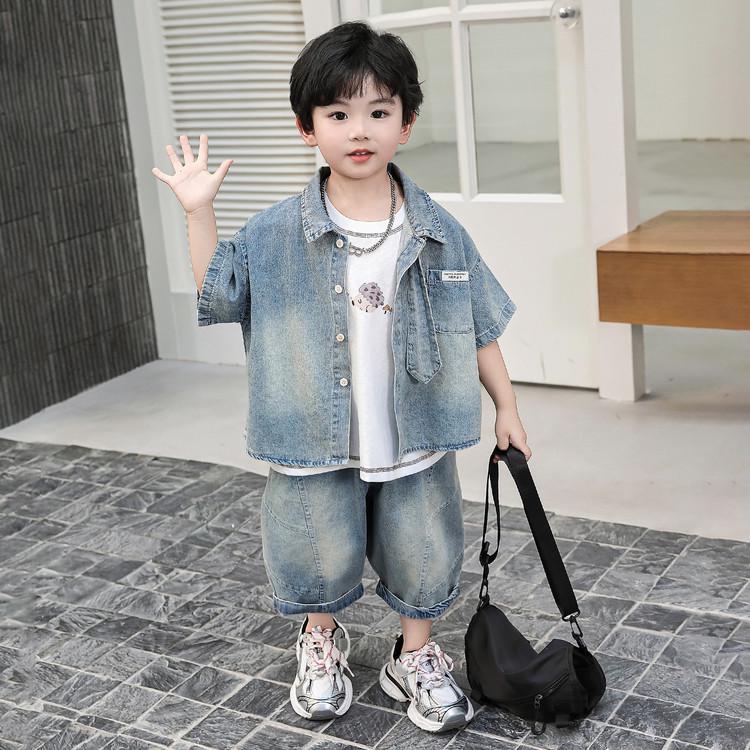 2026 Boys' Summer Silent Fashion Denim Short-Sleeve Shirt and Tie Two-Piece Set