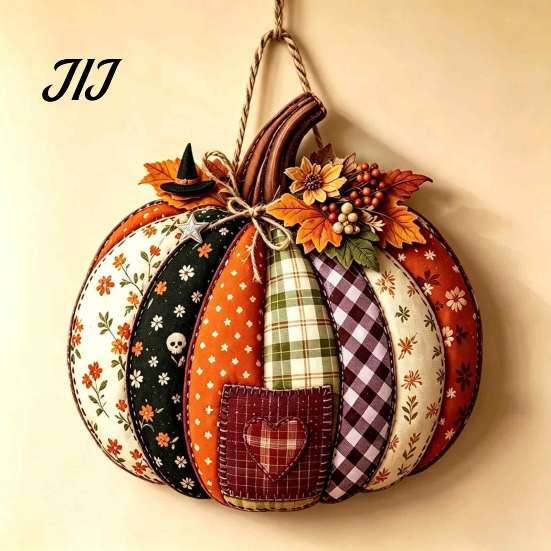 Seasonal Indoor Outdoor Sign Patchwork Pumpkin Wooden Door Hanger, Fall Harvest Halloween Decorative Maple Leaf Wreath with Leaves Berries, Farmhouse