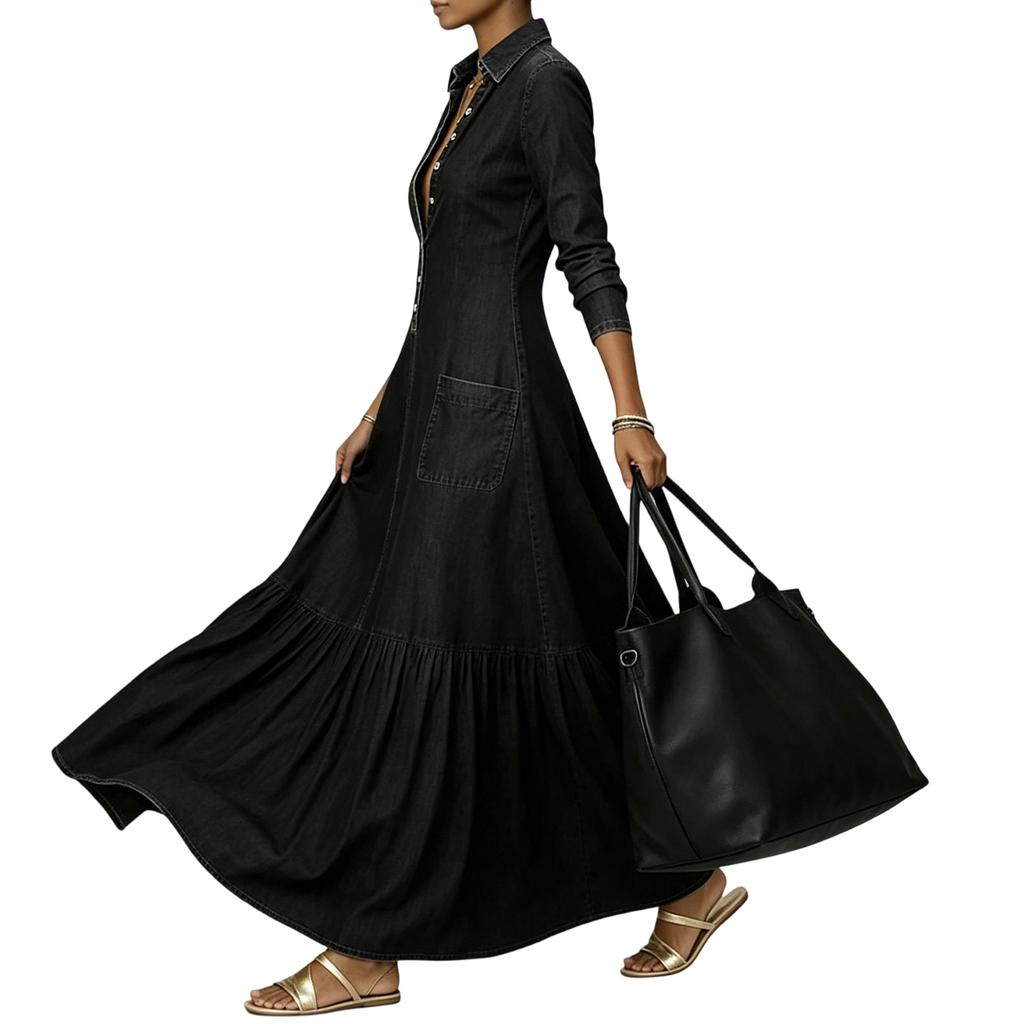Women Vintage Denim Maxi Dress Long Sleeve Button Front Shirt Dress Casual Loose Fit Long Skirt with Pockets