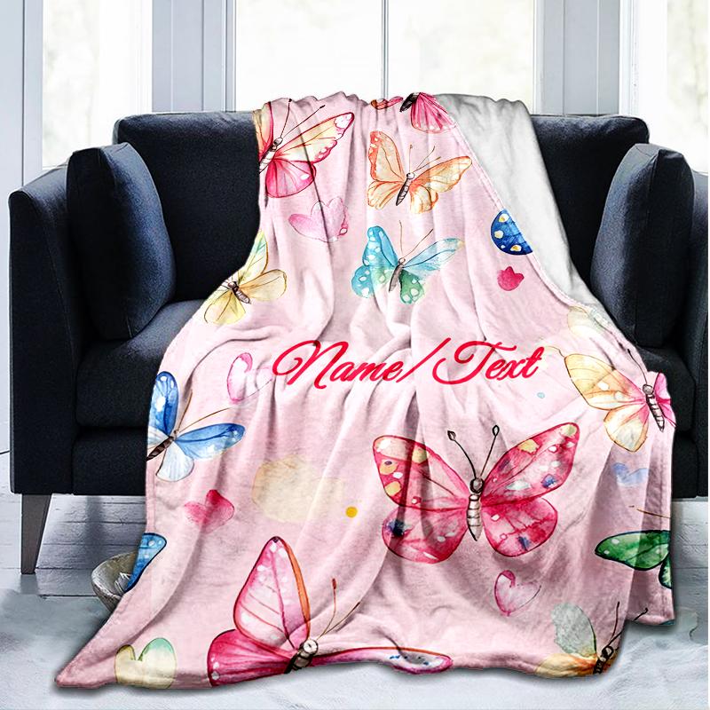 1PC Custom Name Butterfly Dreams Pink Background outdooor Flannel blankets Throw Blanket All-Season Throw Gift Bedspread for Couch, Bed, Camping Holid