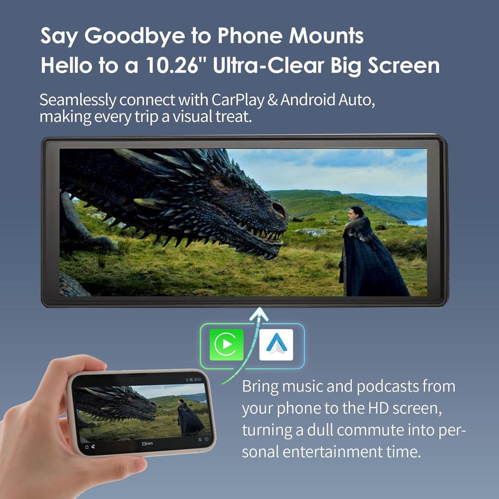 4K Dashcam med Trådlös CarPlay-skärm 1080P Backkamera för Bärbar Bilstereo med CarPlay Android GPS Mirror Link BY-J 10.26in & Bilar,