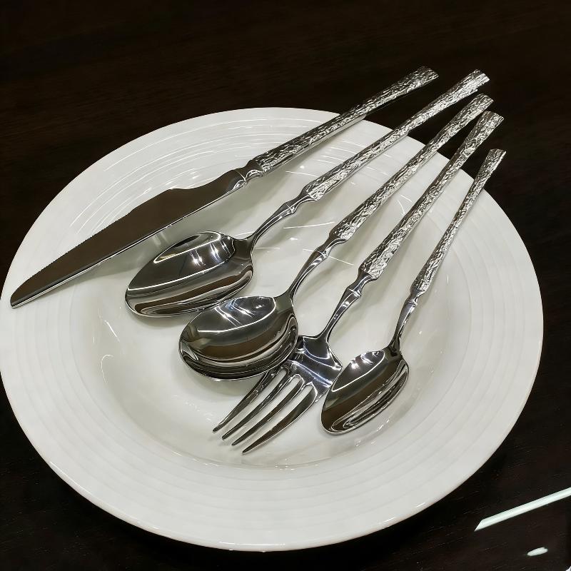 Stainless Steel Long Handle Spoon Dinnerware Set Western Steak Cutlery Ice Pattern Spoon Fork Tree Bark Pattern Small Waist