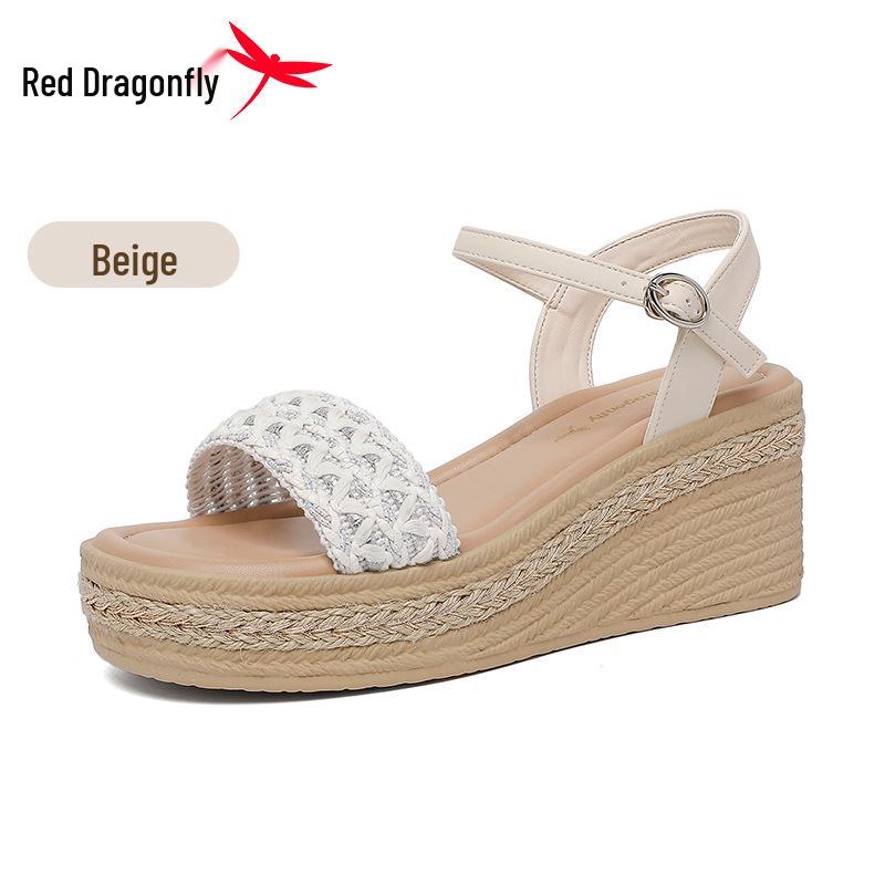 Red Dragonfly Women s Summer Wedge Sandals - Low, Thick Sole, Single Strap Beach Flip-Flops, Non-Slip, Outdoor Wear 35