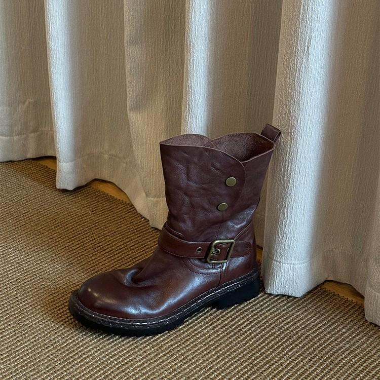 Cowhide Version~ Lazy and Slack Pleated Belt Buckle Thick Heel Short Boots Women's Leather Fashion Retro Versatile Knight Boots