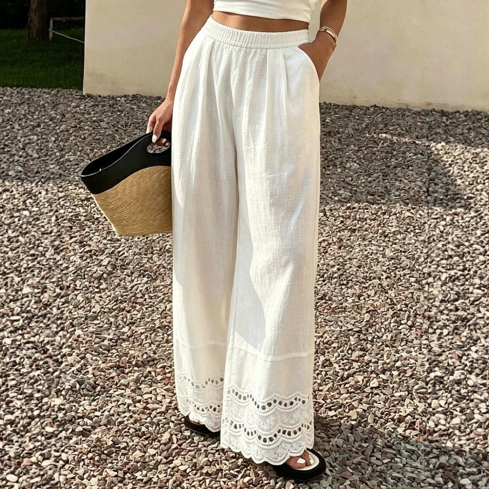 Women's Mid Rise Wide Leg Pants Loose Vintage Linen Trousers Elastic Waist Lace Hem Casual Palazzo Pants
