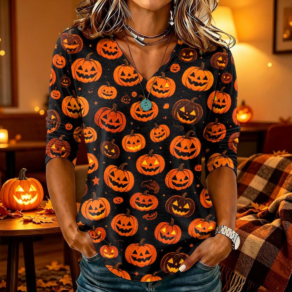 Women's Casual Halloween Print V-Neck Three-Quarter Sleeve Top for Party Wear