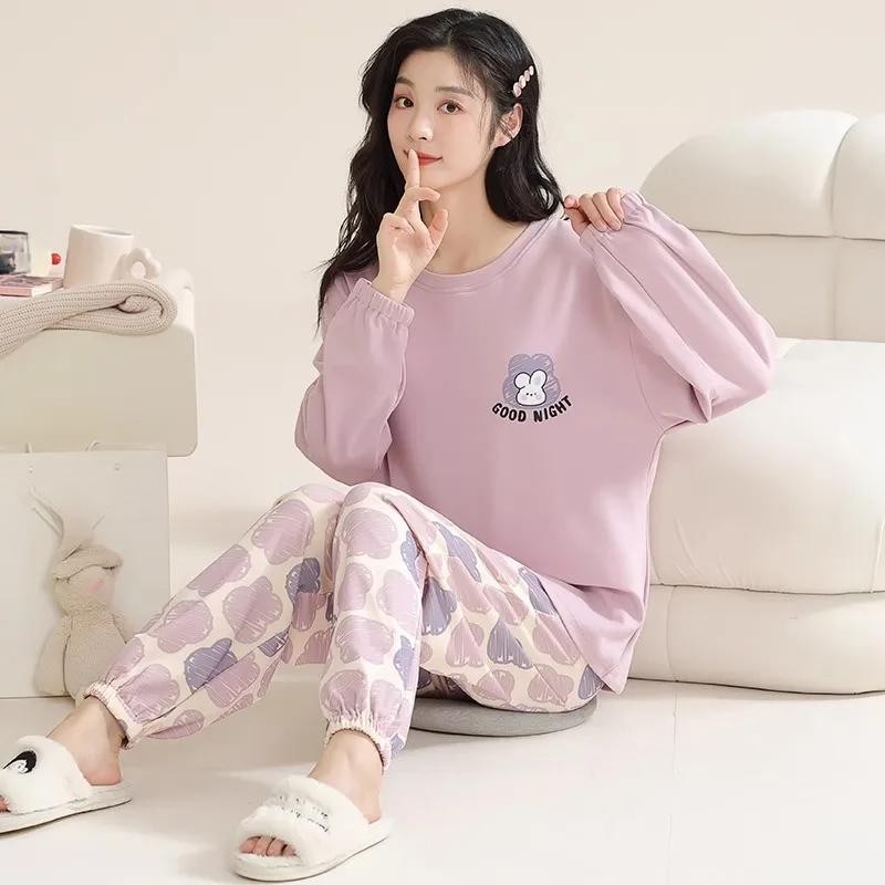 Lente en Herfst Nieuwe Dames Pyjama Huispak Set Meisjes Lange Mouwen Lange Broek Eenvoudig Ontspanning Grote Maat Huispak Set