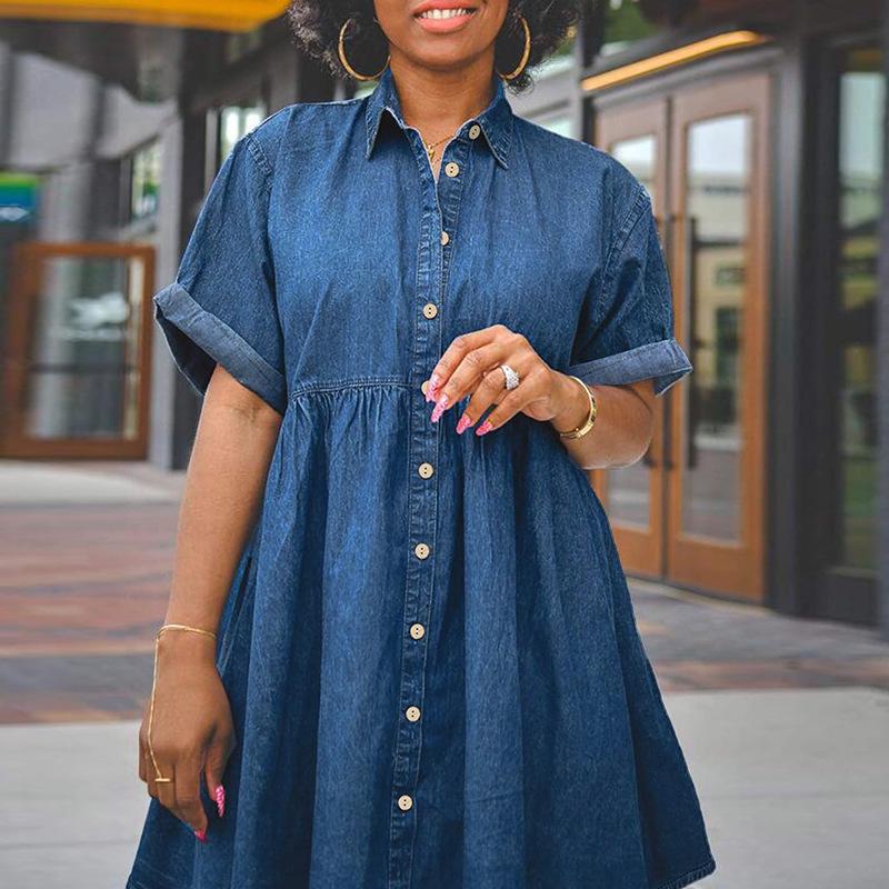 Robe en denim élastique grande taille à manches bouffantes