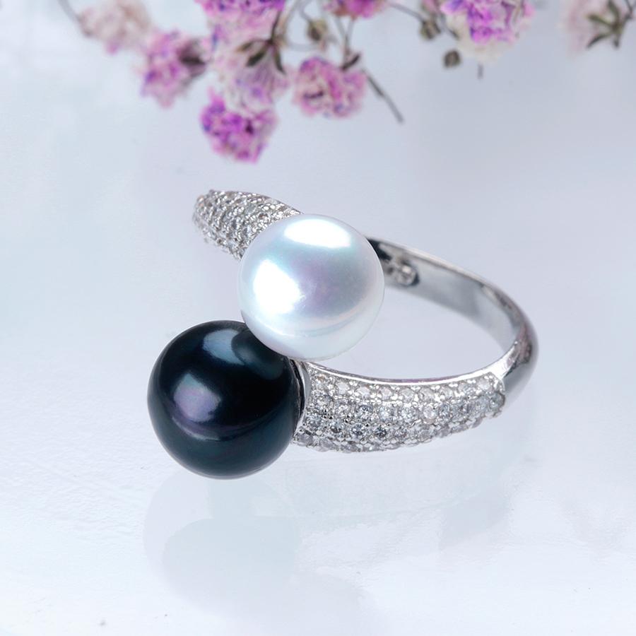 New Double Pearl Adjustable Natural Freshwater Pearl Original 925 Silver Zircon Women's Ring Fine Bridal Jewelry