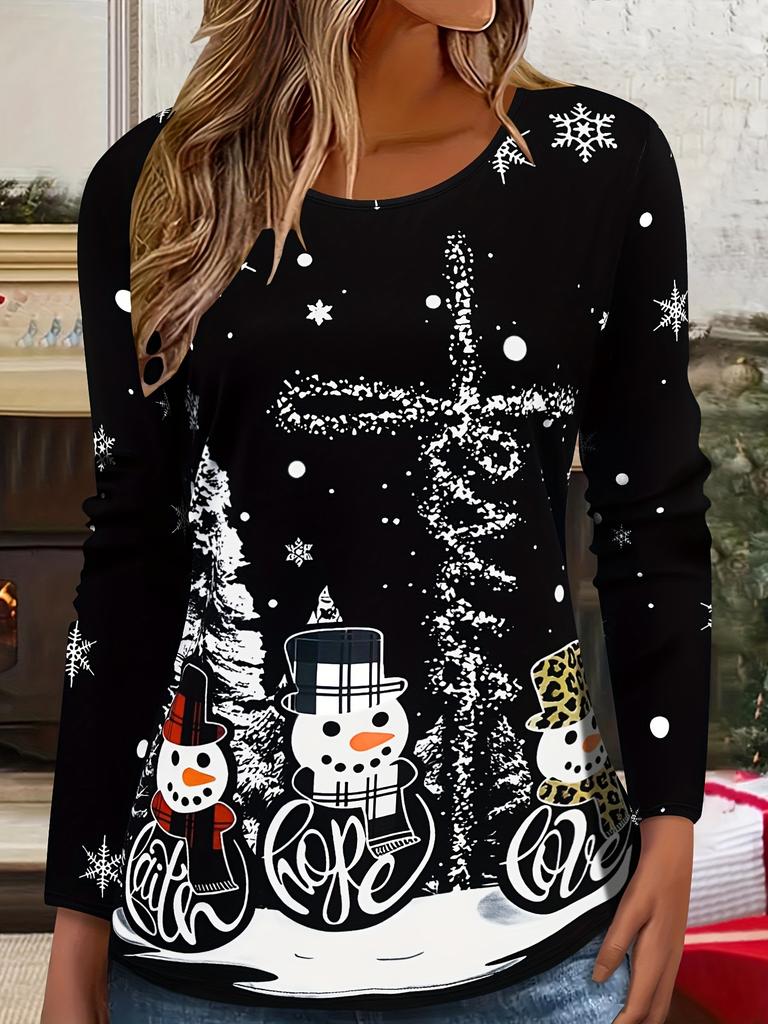 Christmas Theme 3D Print Women's Crew Neck T-Shirt, Casual Long Sleeve T-Shirt For Spring & Fall, Women's Clothing Pullover