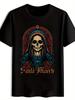 Gothic Santa Muerte Graphic T-shirt - Mexican Day of the Dead Inspired Tee with Floral Skull - Lightweight Breathable Polyester Shirt for Summer