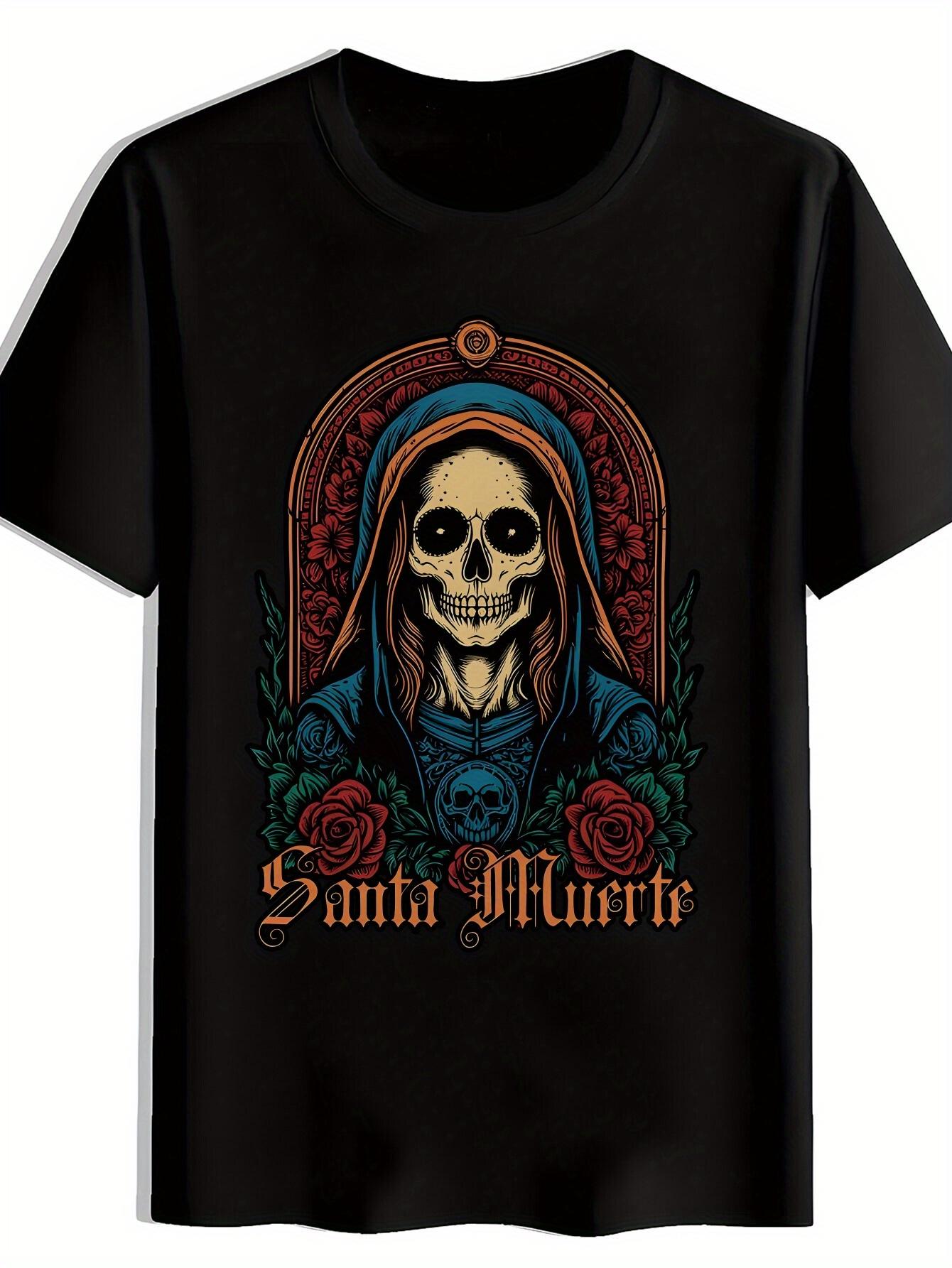 

Gothic Santa Muerte Graphic T-shirt - Mexican Day of the Dead Inspired Tee with Floral Skull - Lightweight Breathable Polyester Shirt for Summer XXXXL