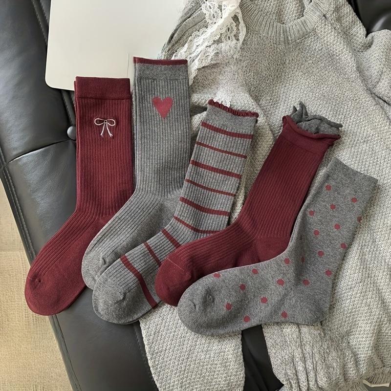 

5 пар женских винтажных носков в стиле колледжа, микс из красных и серых полос, модные длинные носки