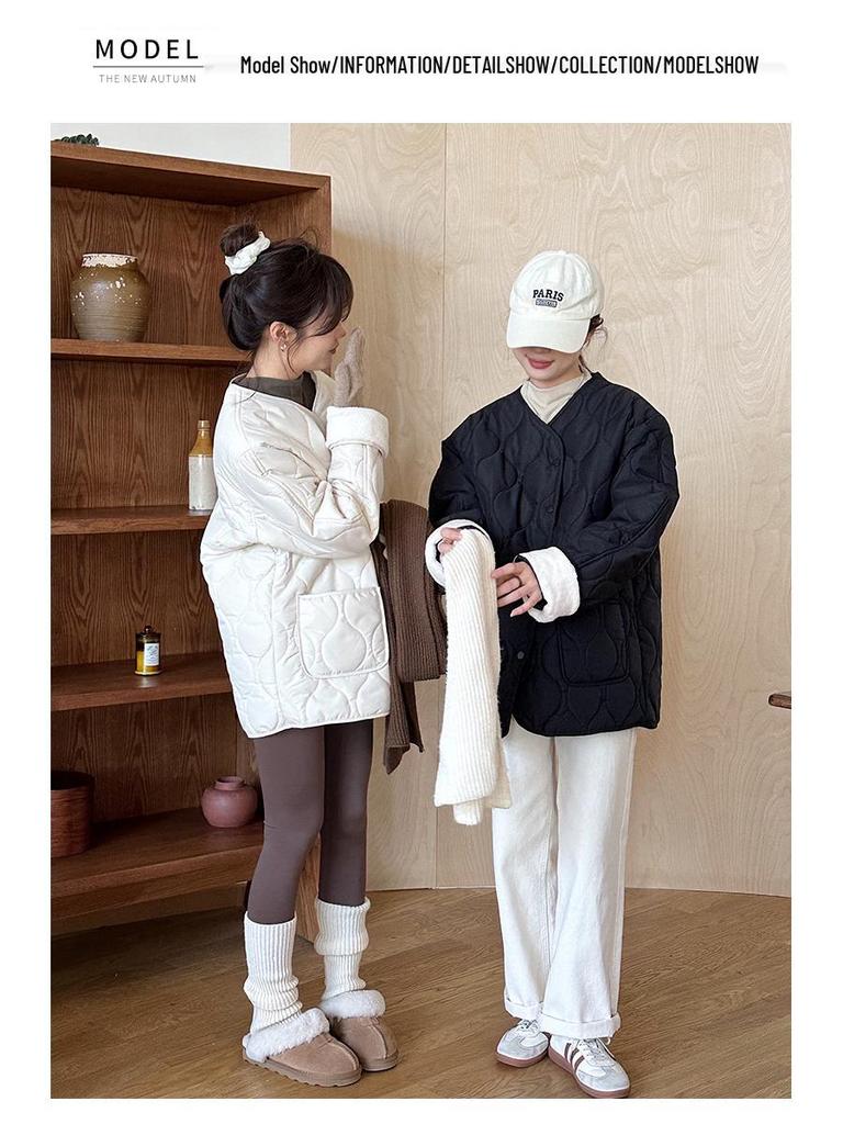 Bomullsjacka för dam i koreansk stil med diamantmönster, kraglös - Kort, sömlös, lättviktig för höst & vinter